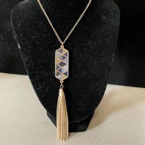 Gorgeous Gold Electroplated 60's Tassel Pendant with Inlaid Stones on a 30"